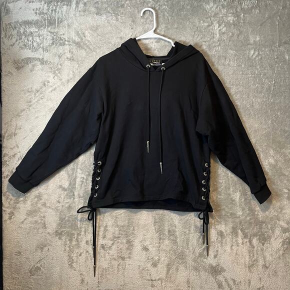 The Kooples Sport Black Pullover‎ Hoodie Size 2 US M Black Silver Hardware - Picture 1 of 7
